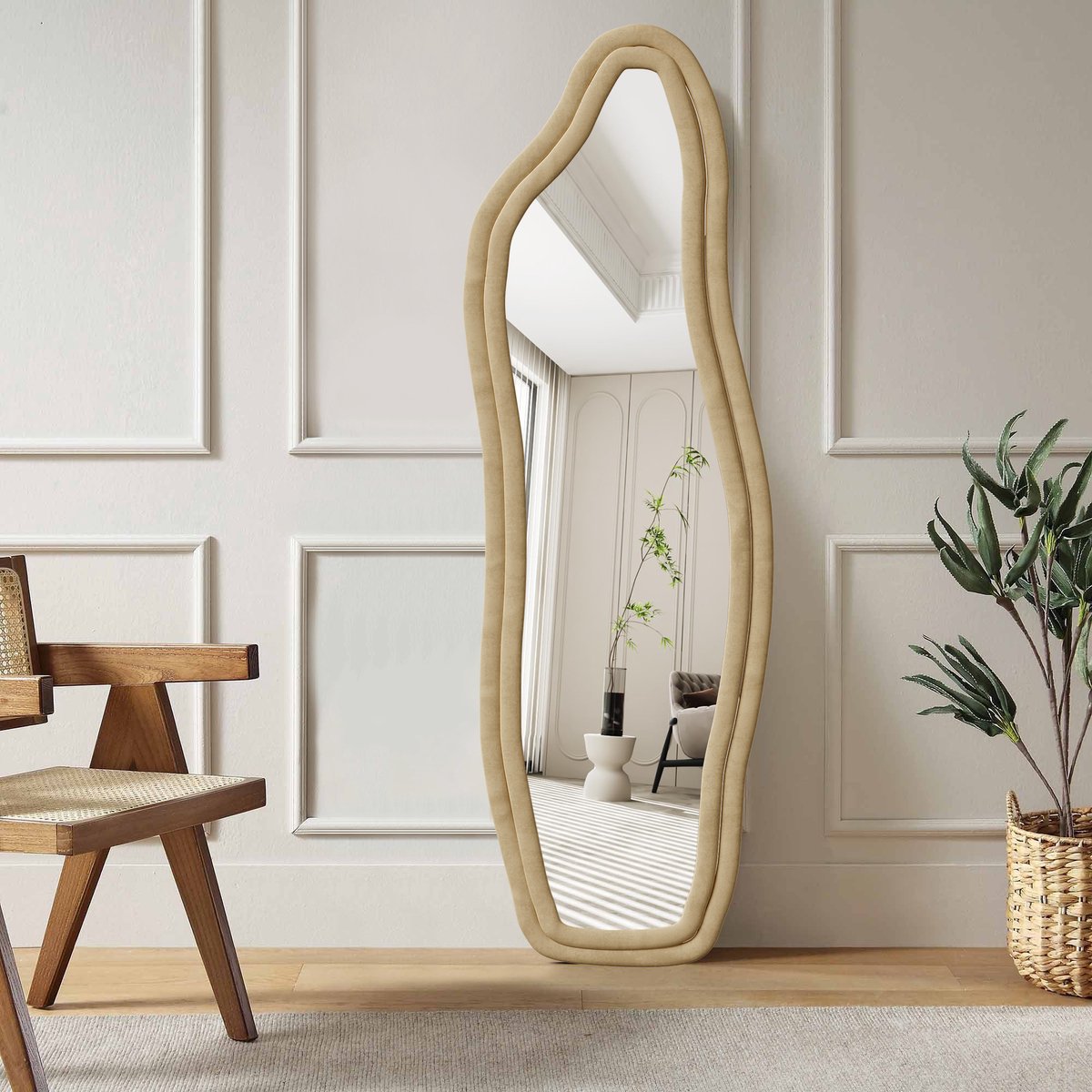 Onregelmatig Passpiegel 140x45 cm – Grote wandspiegel met Veloursrandspiegel, Multifunctionele (Opstaan/Wandhangen/Aanleunen), Designspiegel voor Dressing/Woonkamer/Slaapkamer, Goud