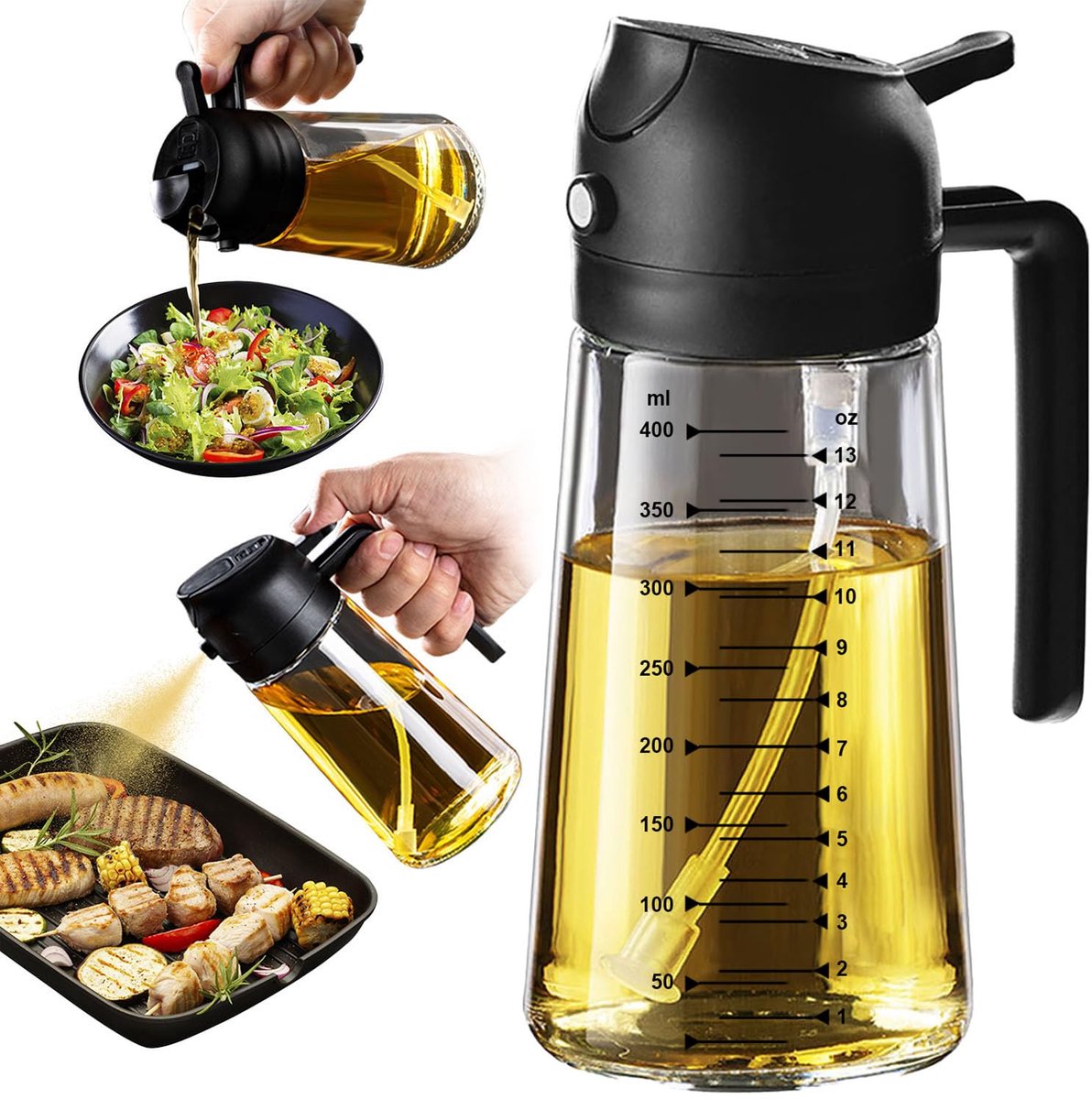 1 stuk - Fles - Oliefles - Spuitfles - Twee-in-één kookfles - Olijfoliedispenserfles - Geschikt voor keukengadgets en accessoires voor heteluchtfriteuses, salades en barbecues - 470 ml - Zwart