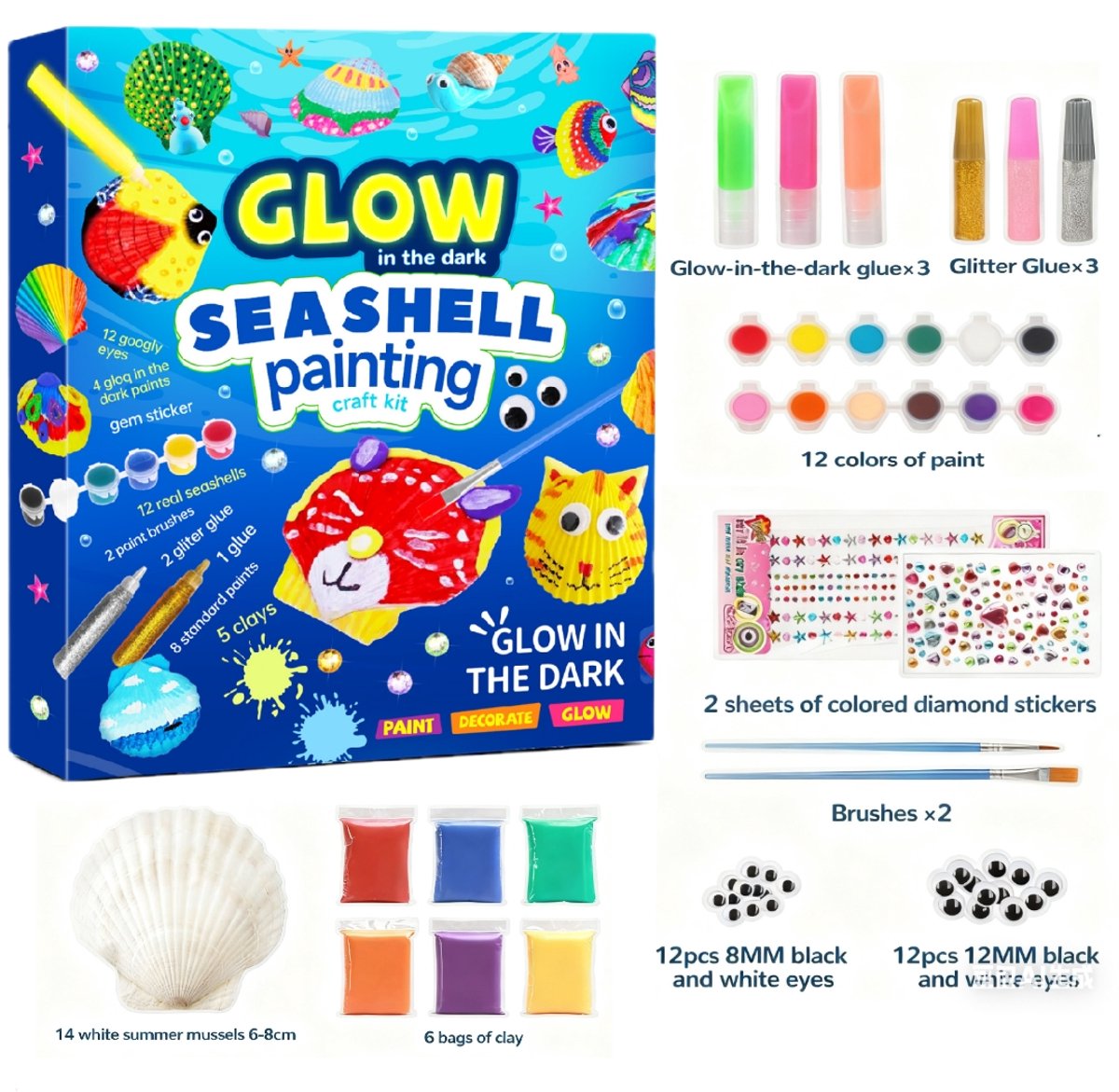 Schelpenverfset – DIY-kunstset Een complete schelpenverfset geschikt voor kinderen vanaf 3 jaar, ontworpen voor het schilderen door kinderen. Een ideaal cadeau voor jongens en meisjes.