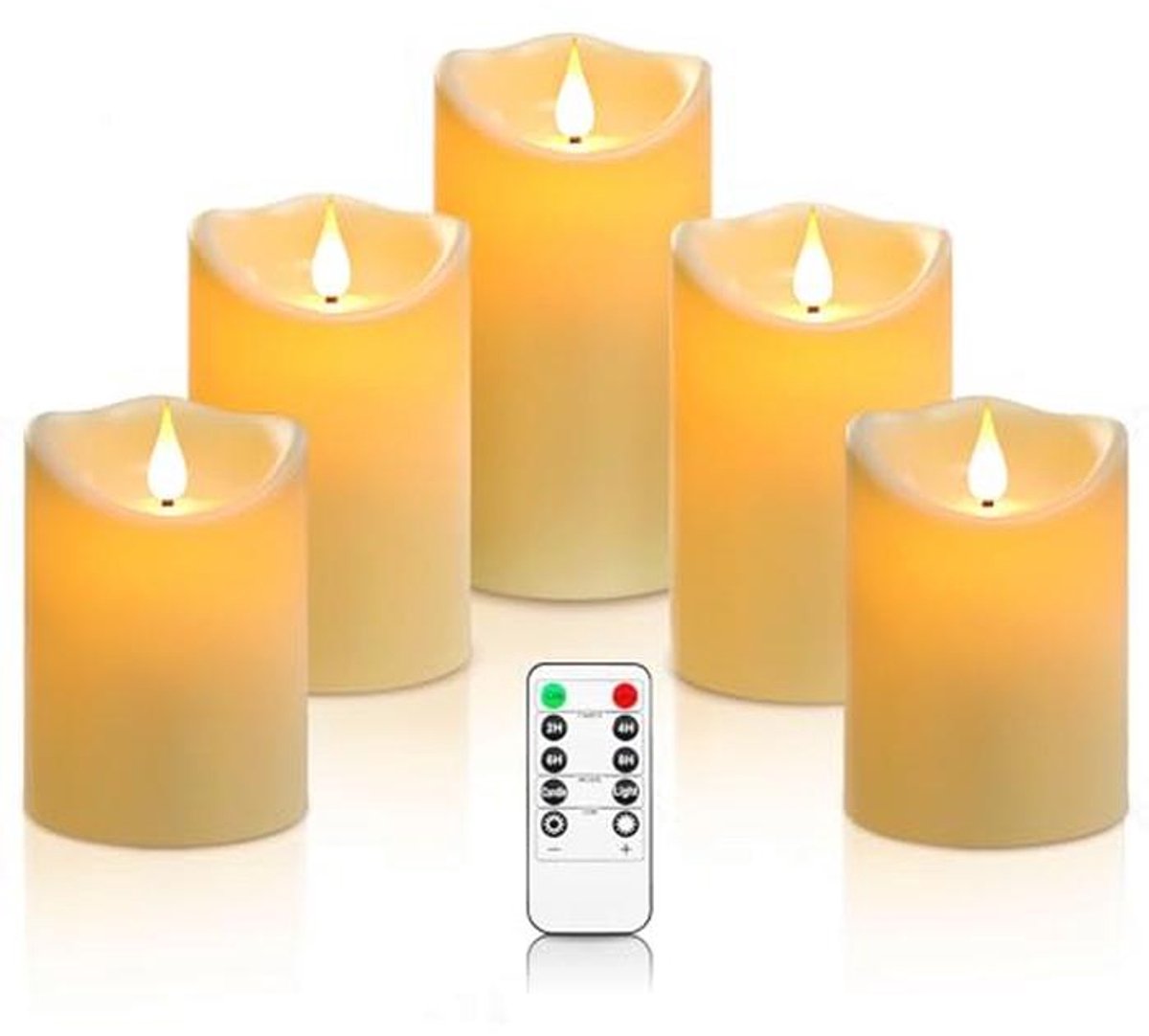 Set van 5 LED Kaarsen Batterij; Hoogtes 10cm, 13.5cm, 16.5cm; 3D Effect