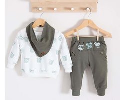 Baby Jongens 3 pce Kledingset - babykleertje - babykleding - donker olijfgroen/khaki - nekdoek - 9mnd
