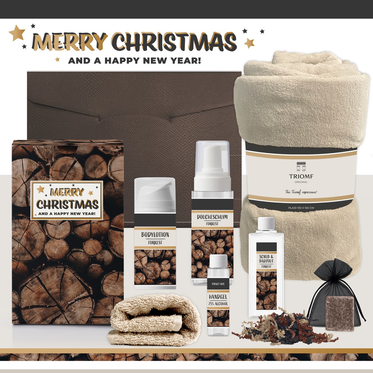 Geschenkset "Merry Christmas And A Happy New Year" - 7 Producten - 1400 gram - Triomf Cosmetica | Giftset voor Hem Luxe cadeaubox Kerst Wellness Set Cadeaupakket Prettige Kerstdagen Cadeau Man Gift Collega Kerstpakket Kerstcadeau Geschenk Goud Crème
