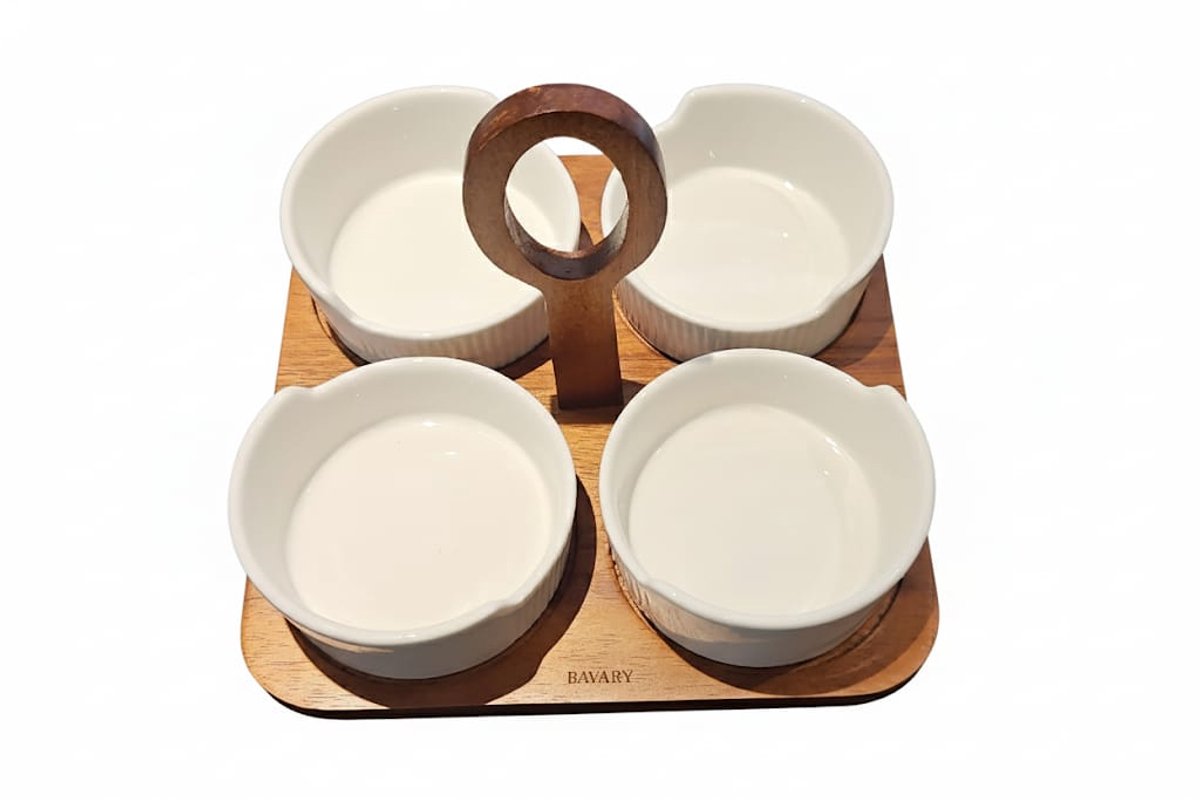 Bavary Collection Linens – 4 Porseleinen Kommetjes 225 ml met Acaciahouten Schaaltje – Luxe Serveerset