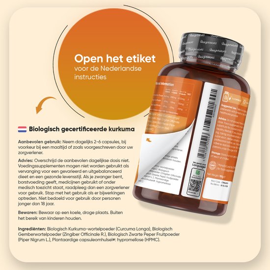 Fles biologische kurkuma capsules met Nederlandse gebruiksaanwijzing. Ingrediënten: Kurkuma, gember, zwarte peper.