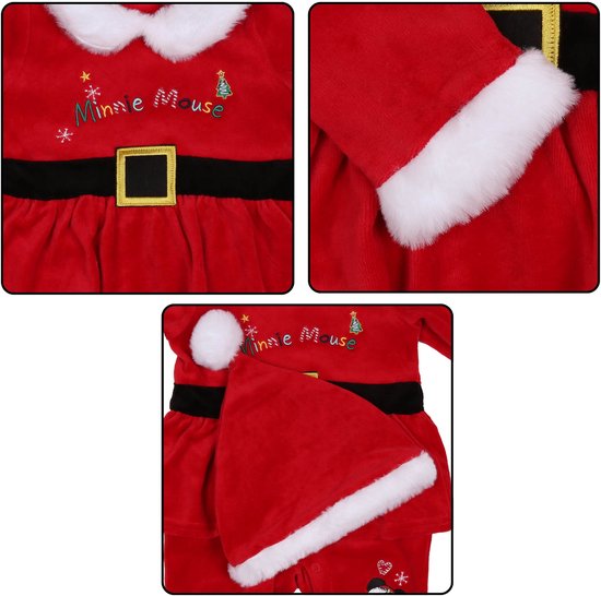 Detailopnamen van rode Minnie Mouse kerstpakje met witte bontranden en kerstmuts.