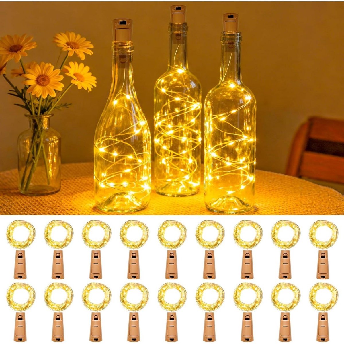 GELLDG LED-lichtsnoer - 18 stuks - met batterij - 2 meter 20 LED mini-lichtsnoeren - Mini-lichtsnoeren op batterijen - Geschikt voor binnen- en buitendecoraties, flesverlichting, doe-het-zelf, feesten, bruiloften, Kerstmis - Warm wit licht