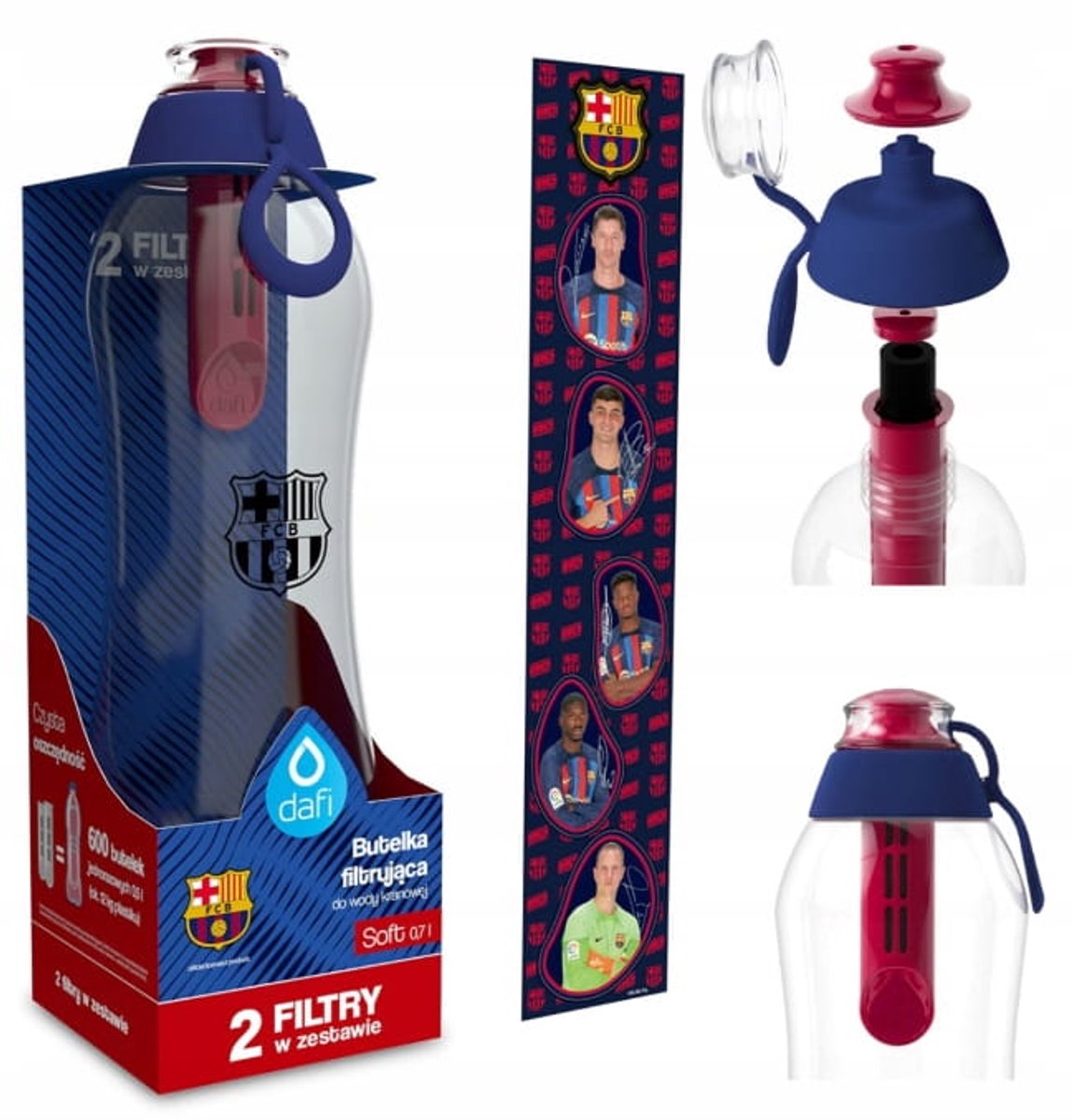 Dafi Soft - Waterfilterfles FC Barcelona Editie - 0,7 Liter - Met 2 Filters & Stickers - BPA Vrij - Blauw/Rood