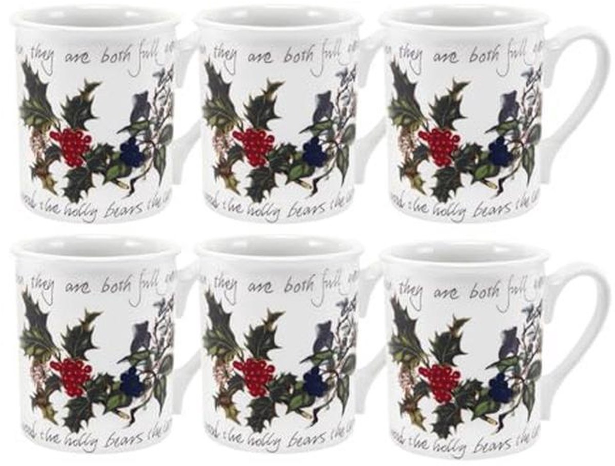 Enkel Kerst Ontbijtmok Set van 6 met Hulst Illustratie