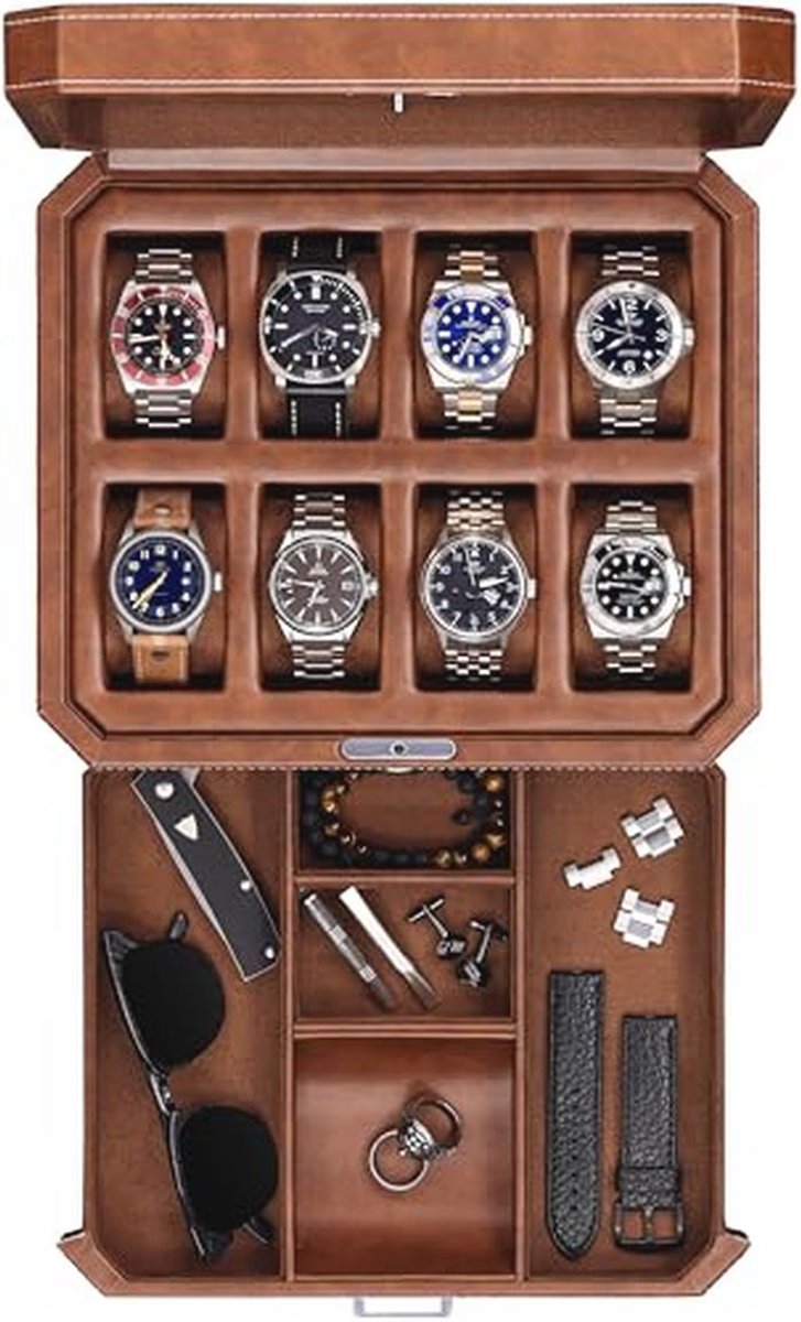 Luxe Heren en Dames Horlogebox met 8 Compartimenten en Valet Lade - Modern en Functioneel Design