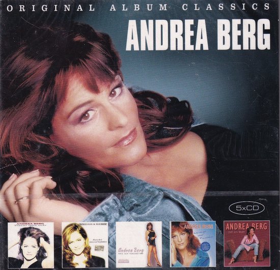 Andrea Berg, Original Album Classics, 5CD. Een close-up van Andrea Berg met haar hoofd schuin naar de zijkant gedraaid, met haar hand bij haar nek. De voorkant van 5 cd's zijn zichtbaar aan de onderkant.