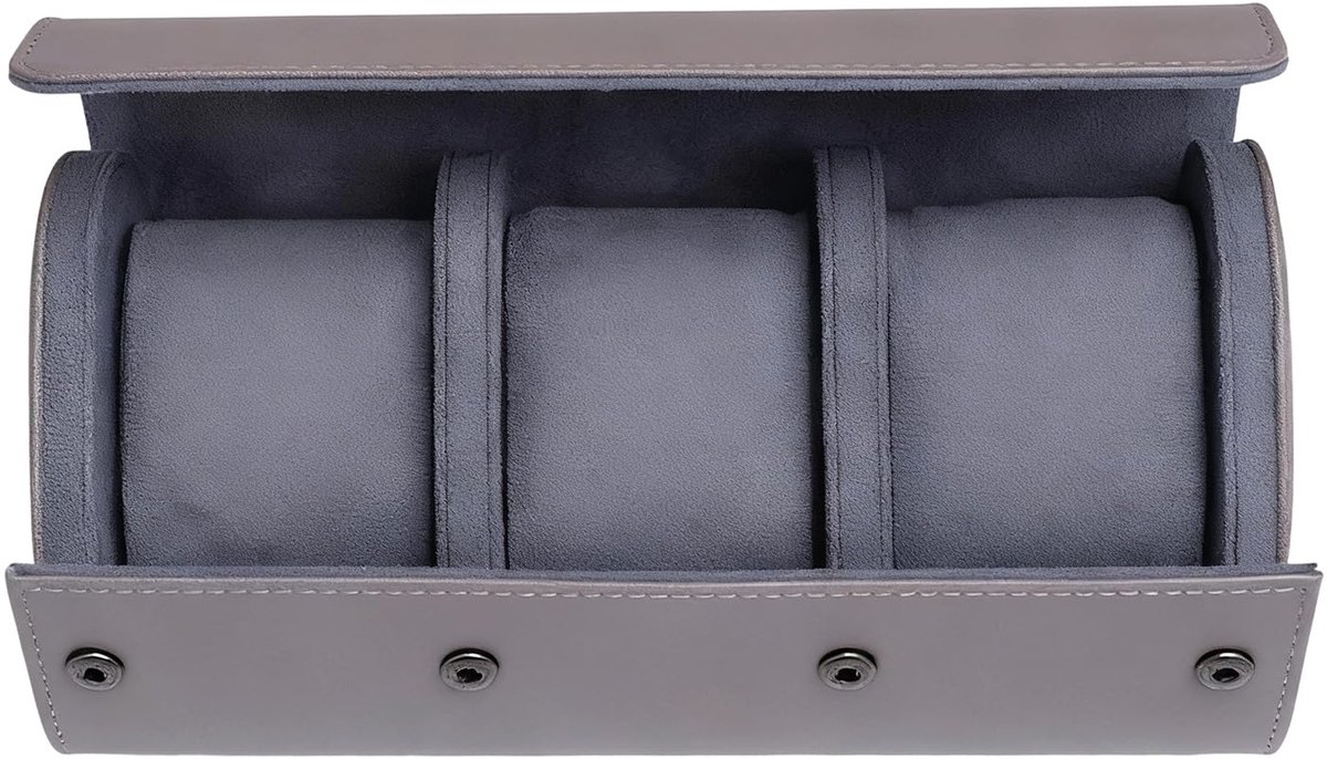 Horloge opbergdoos - Draagbare leren horloge organizer - Horloge reis organizer - Horloge rol - 3 horloge vakken - Unisex - Met uitneembare vulling - Geschikt voor het opbergen en tonen van horloges - Grijs