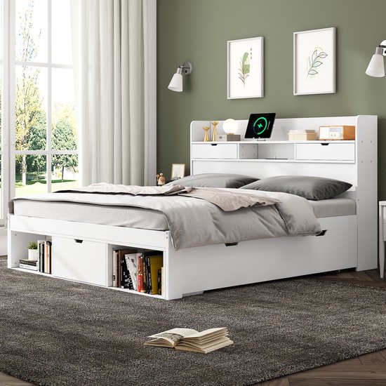 REDOM Bedframe 140x190 cm – Pijnhout/MDF wit – Met USB, Type-C, stopcontacten & opbergruimte