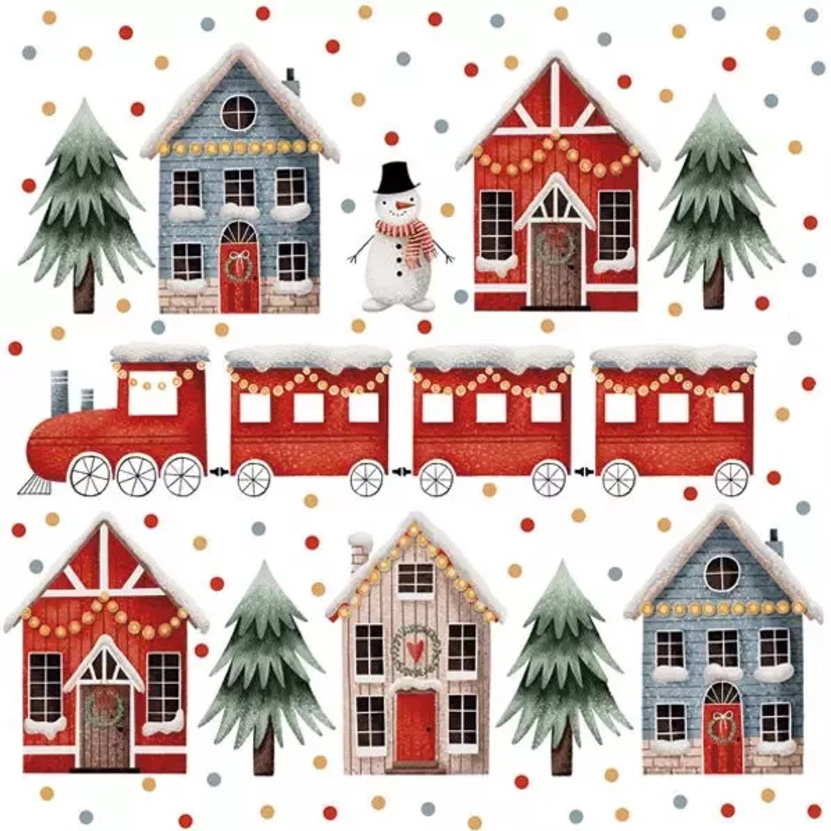 40 Kerstmis Kerst Servetten - Huisje - Sneeuwpop - Dennenboom - Trein - Wit - Rood - Groen - 33 x 33 cm - 3-Laags - Daisy