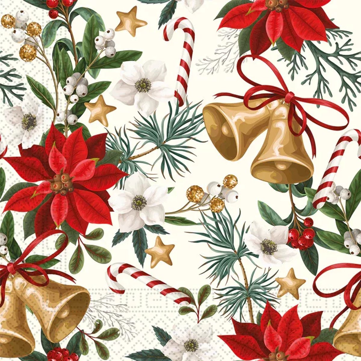 40 Kerstmis Kerst Servetten - Kerstster - Klok - Candy Cane - Wit - Rood - Groen - Beige - 33 x 33 cm - 3-Laags - Decorata