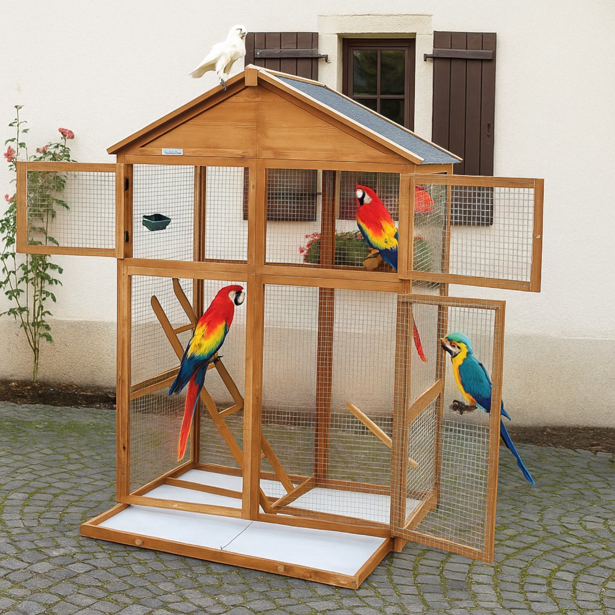 Lendo Online Volière van geïmpregneerd vurenhout - 115x58x164 cm - Bruin - Vogelkooi met uitneembare lade - Vogelhok - Papegaaienkooi - Parkietenkooi - Vogelverblijf
