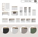 Overzicht van VICCO Wido meubels, waaronder kasten en dressoirs in wit met houtlook. Diverse afmetingen en kleuren.