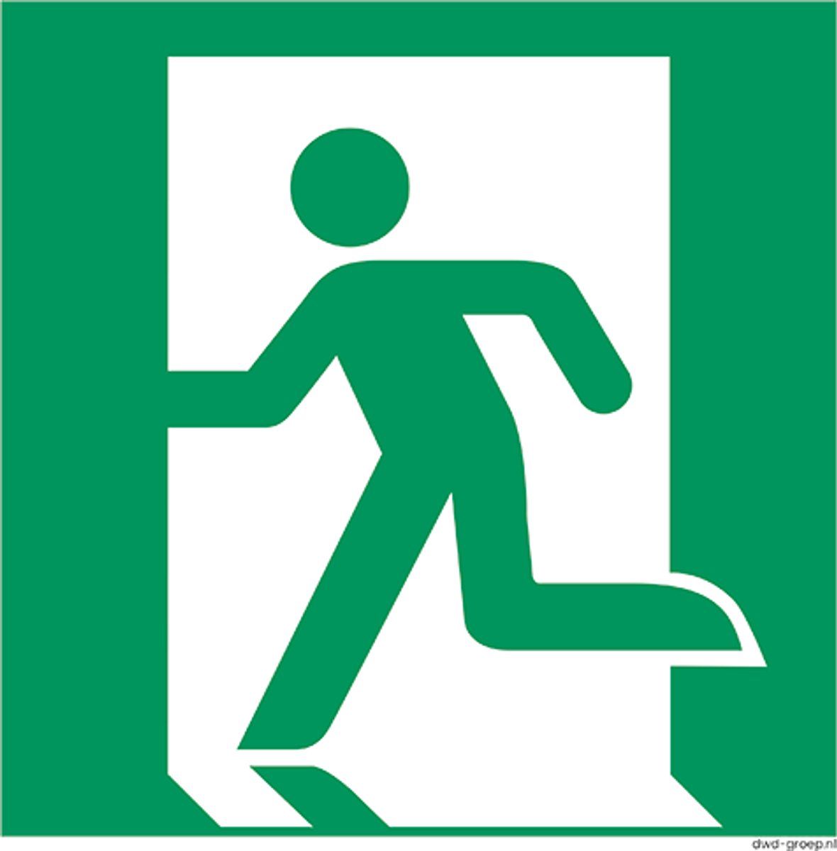 Pictogram nooduitgang – Nooduitgang (Links) Bord E001 – 200x200 mm – NEN3011 / ISO 7010