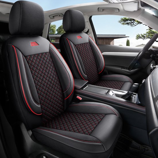 Housses de siège de voiture pour Dacia Sandero 3 2021 sur mesure| Ensemble de 2 pièces | Siège conducteur + passager série AIS | AIS101 | Zwart avec coutures rouges