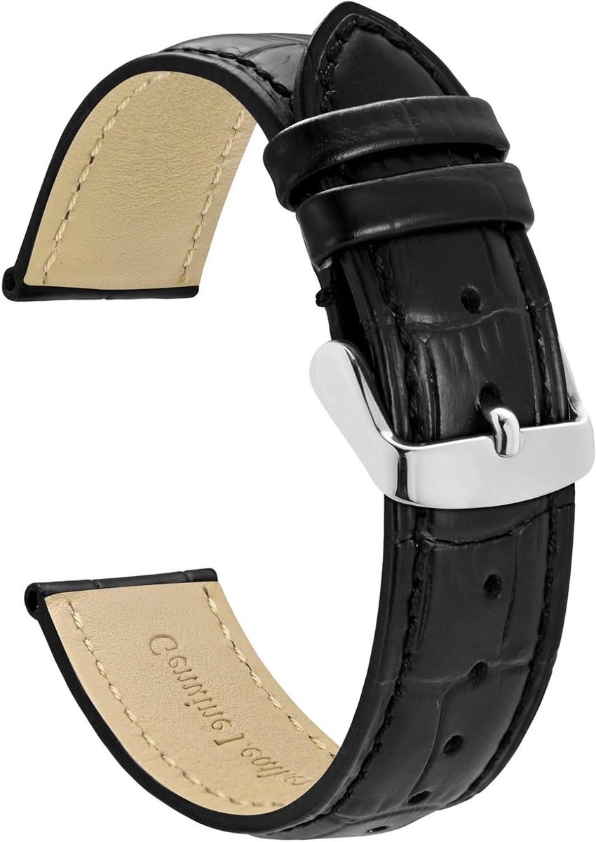 Nordivar - Leer Horlogebandje met Krokodillenreliëf - 18 mm, 20 mm, 22 mm, 24 mm breedte - Zwart