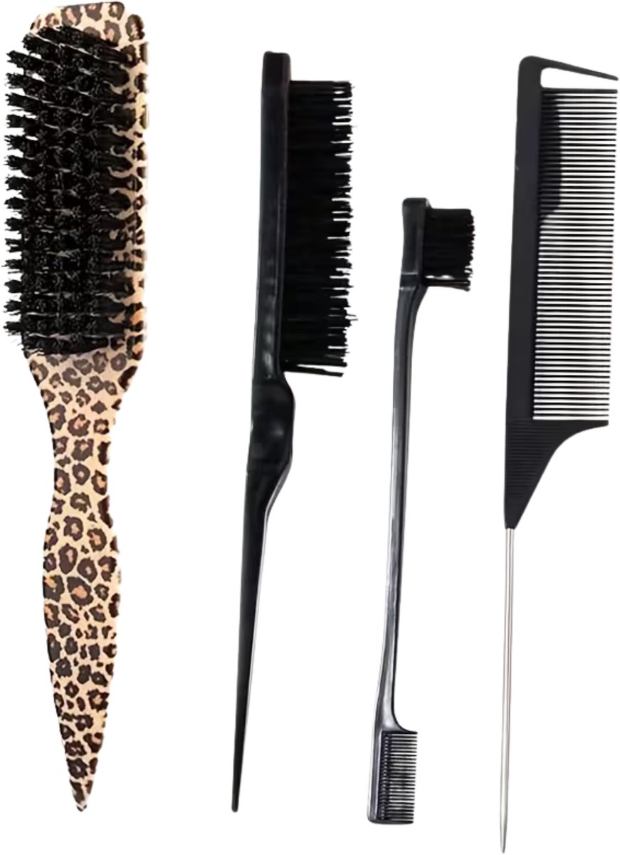 FA-VE Haarverzorgingsset – 4-delige Roze Kammen & Borstels – Edge Brush, Kam & Stylingtool Set - Slick Back Brush - Zwart / Panterprint