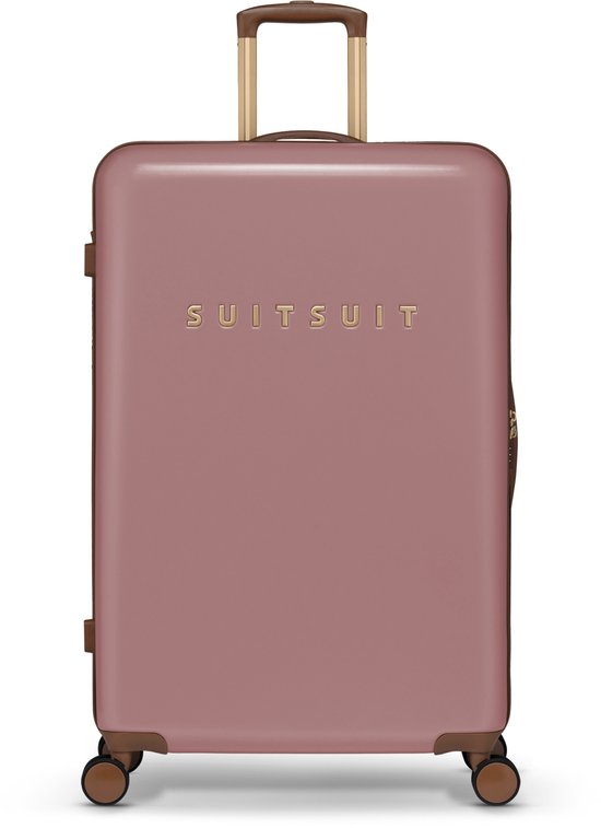 Roze SUITSUIT grote koffer met uitschuifbaar handvat en wielen.