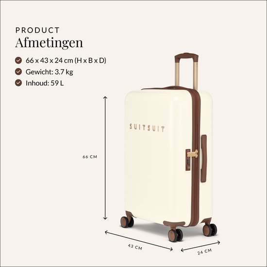 Dimensions d'une valise blanc cassé de 66x43x24 cm avec des accents marron et un logo doré.