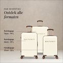 Trois valises crème SUITSUIT de différentes tailles : bagage à main, soute (66L) et grande soute (94L).