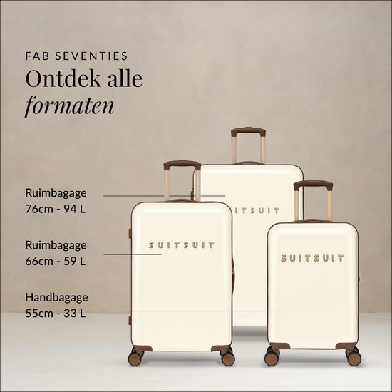 Trois valises crème SUITSUIT de différentes tailles : bagage à main, soute (66L) et grande soute (94L).