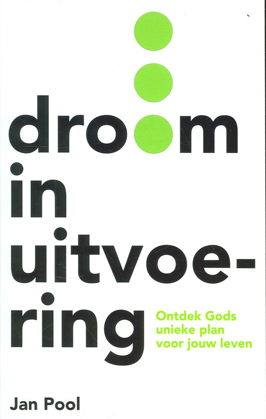 Boek "Droom in uitvoering" met groene stippen en tekst.