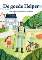 Boekomslag 'De goede Helper' met illustratie van een man, meisje en jongen buiten. Op de achtergrond een fietsenwinkel.