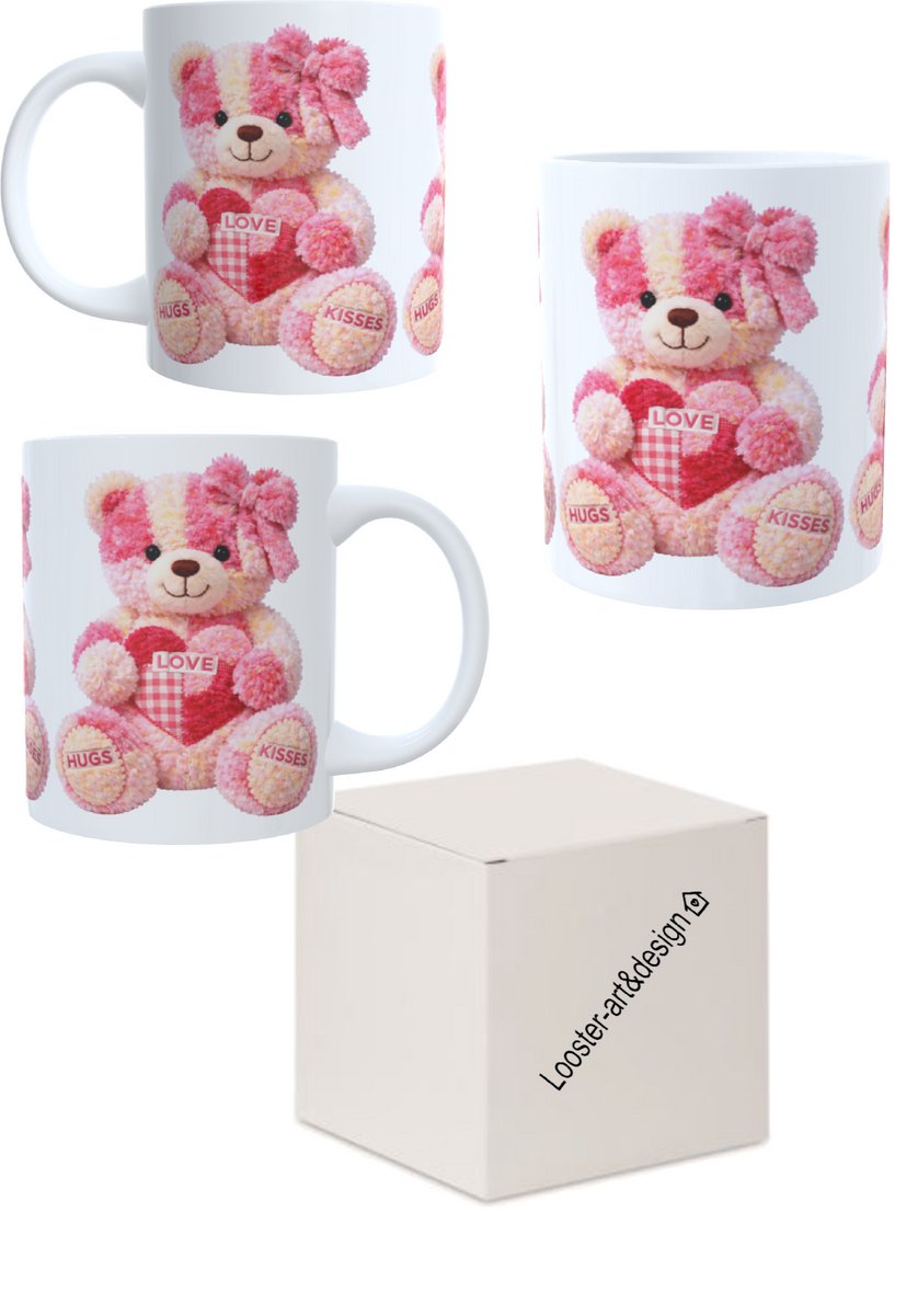 Bedrukte koffie beker - thee mok Roze Beertjes - love - kiss
