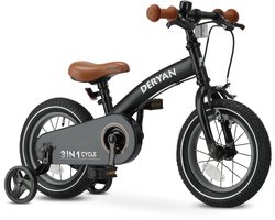 Deryan Luxe Kinderfiets 12 inch - 3 in 1 - loopfiets - Zwart