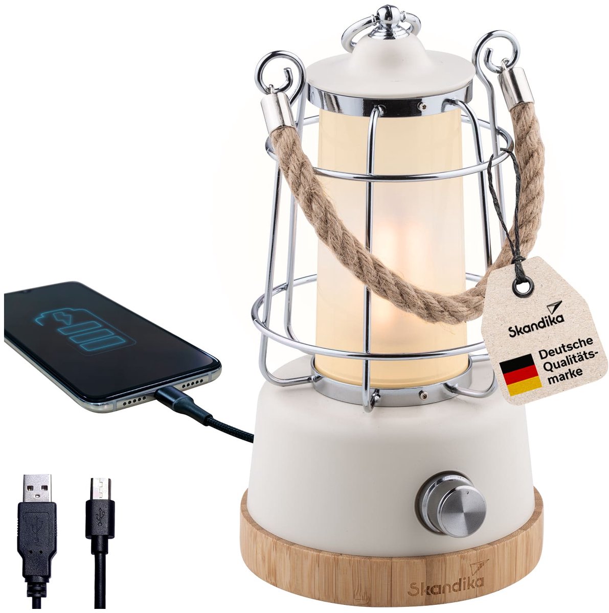 Skandika LED lamp Kiruna - Retro outdoor campinglamp met powerbank, traploos dimbaar, draadloos, accu, oplaadbaar, USB, warm- en koudwit, ringophanging, 75 uur brandtijd | Tafellamp van bamboe