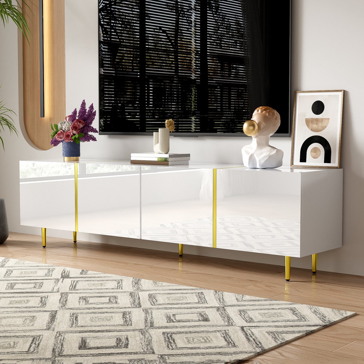 OKWISH Tv-meubel – Moderne Serie – 4 Deuren – Zonder LED – Elegante Opbergruimte – MDF Wit