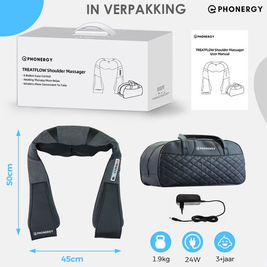 Phonergy Treatflow - Massagekussen - Draadloos - Elektrisch Apparaat - Nek en Schouder - Warmtefunctie met Infrarood - Draagtas -Zwart