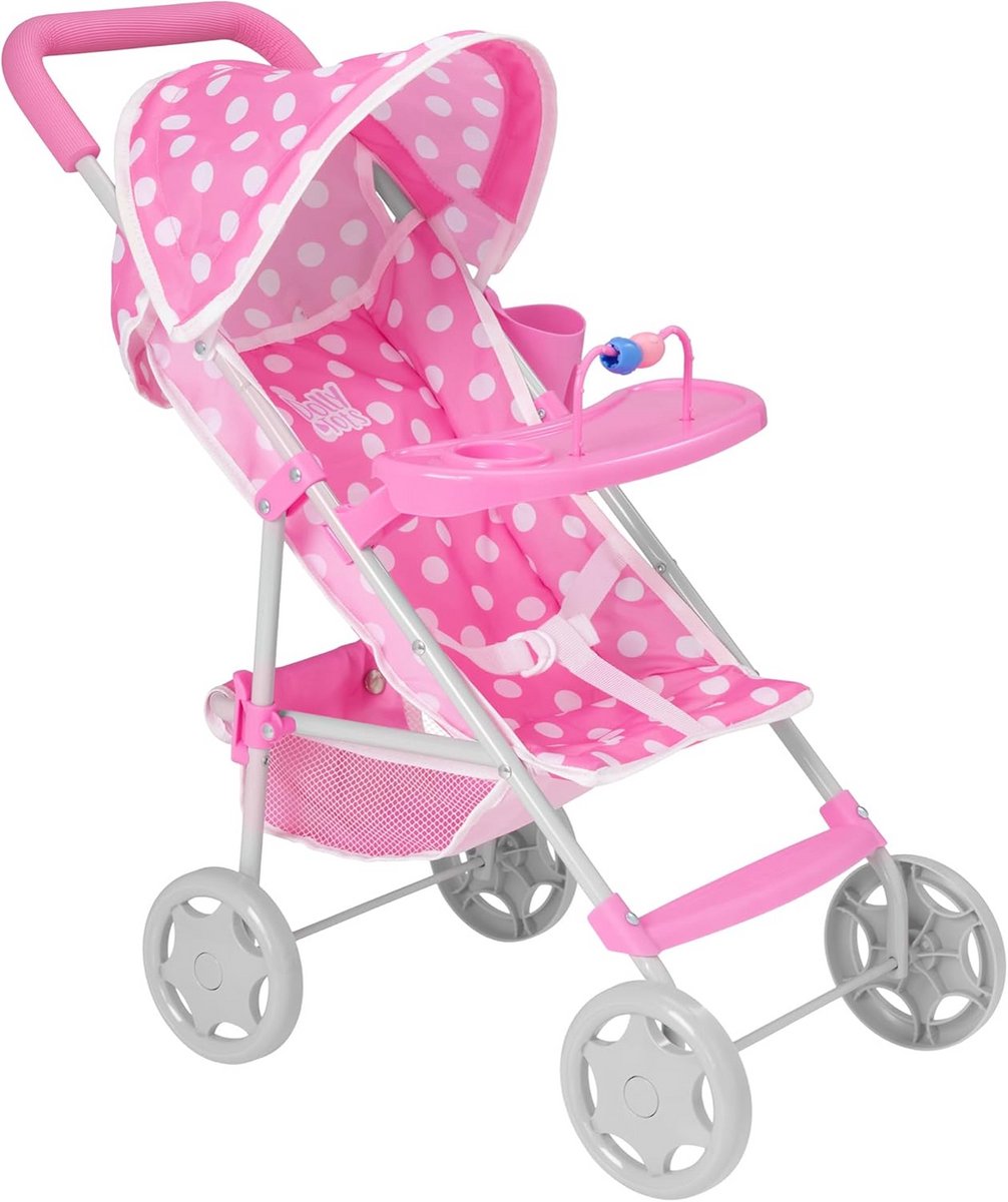 Roze Polkadot Kinderwagen voor Poppen met Opvouwbaar Paraplu-design en Speeldienblad