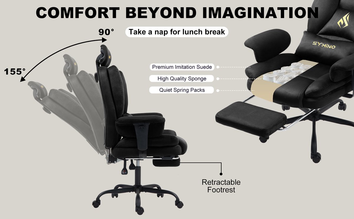 Symino Gamingstoel Ergonomisch met Voetensteun - Zwart - afbeelding 3