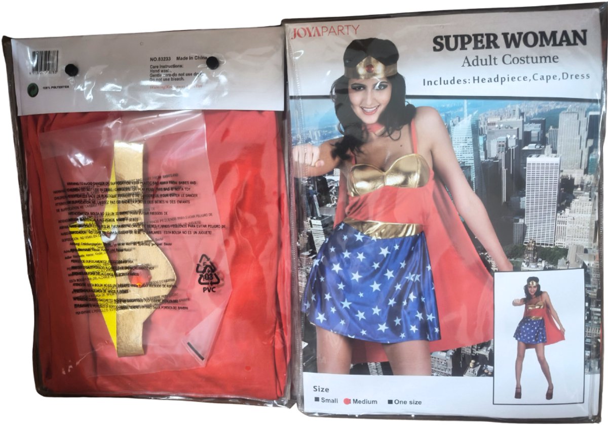 Joya Party® Wonder Vrouw Verkleed Kostuum Dames | Superheldin Woman Verkleedjurk met Cape & Hoofdband | Verkleedkostuum Supervrouw Jurk Carnaval | /M — afbeelding 2