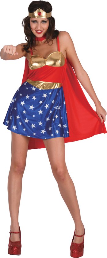 Joya Party® Wonder Vrouw Verkleed Kostuum Dames | Superheldin Woman Verkleedjurk met Cape & Hoofdband | Verkleedkostuum Supervrouw Jurk Carnaval | Maat S/M