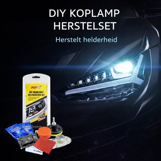 Koplamp restauratieset met de verpakking en de onderdelen, afgebeeld tegen een glanzende auto.