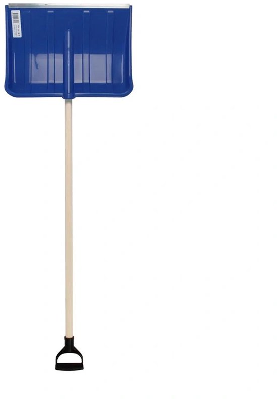 Blauwe sneeuwschep met D-handvat en aluminium rand.