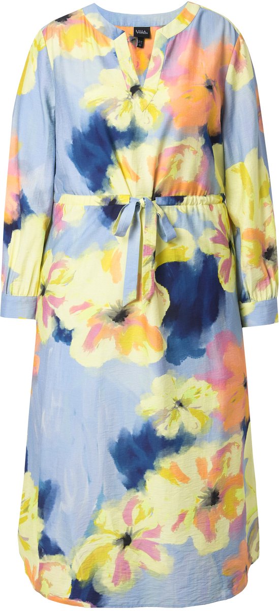 Ulla Popken - Dames - Maxi-jurk bloemen A-lijn tuniekhals lange mouwen - Lichtblauw - Maat 42+