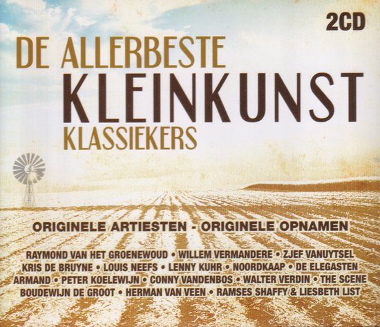 Hoes van "De Allerbeste Kleinkunst Klassiekers" compilatiealbum met landschap en artiestenlijst.