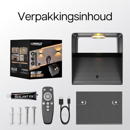 Applique murale rechargeable Luminize avec télécommande - Intensité variable - Sans fil - Applique murale rechargeable alimentée par batterie - Lumière chaude - Zwart