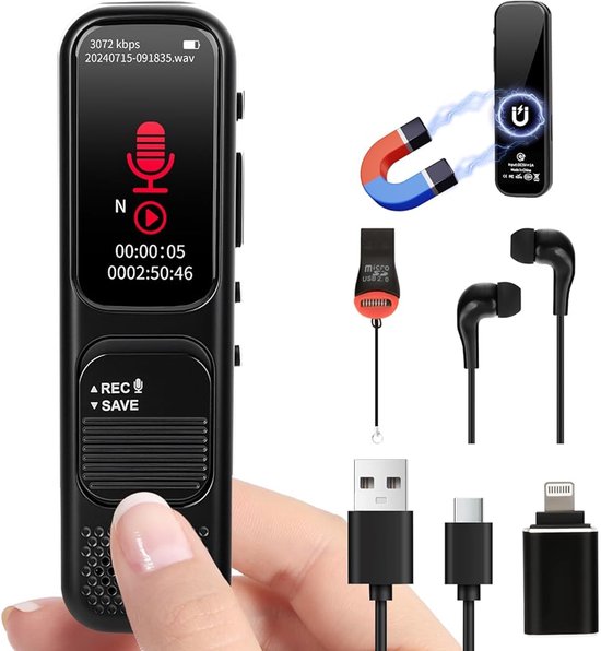 Digitale Dictafoon - Voice Recorder - 64GB Opslag - Ruisonderdrukking - USB Oplaadbaar - voor Vergaderingen en Interviews - Zwart