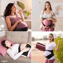 Collage van vier zwangere vrouwen die de buikband dragen in zittende, staande, liggende en sportende houdingen.