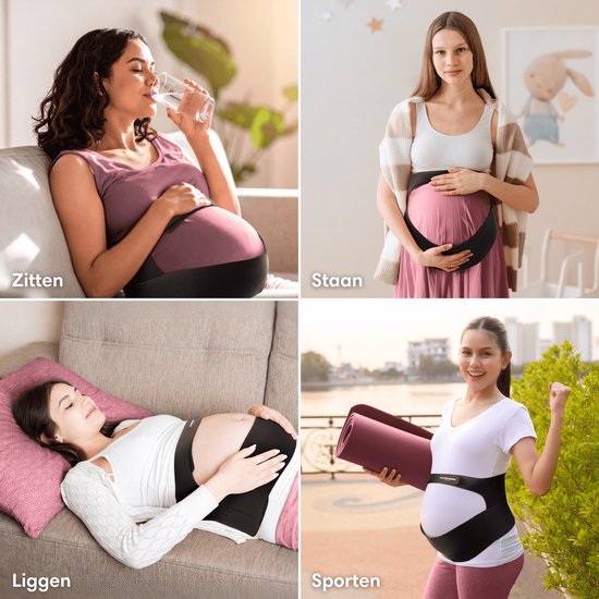 Collage van vier zwangere vrouwen die de buikband dragen in zittende, staande, liggende en sportende houdingen.