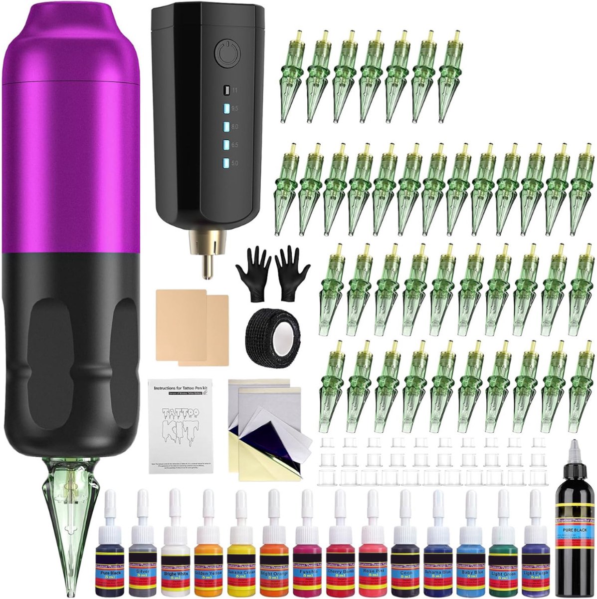 Tattoo Machine met Accessoires - Tattoo kit Draadloos - Complete Set -Zwart met paars