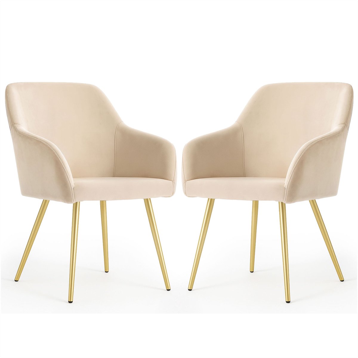 Set van 2 Eetkamerstoelen ESTELLE met Armleuningen / Gestoffeerde Stoelen / Fluwelen Stoelen en Metalen Poten / Beige met gouden benen