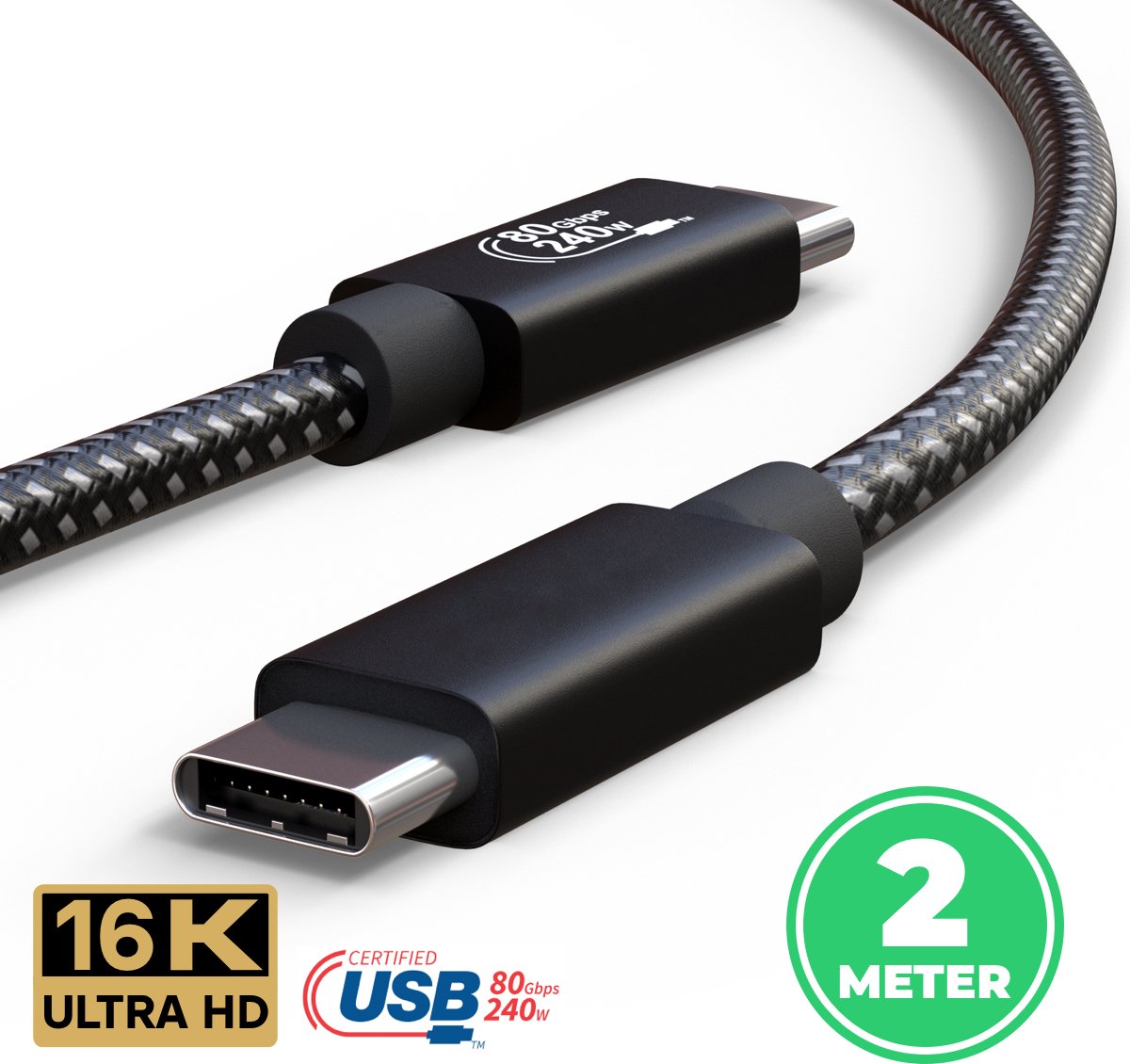 DataPulse USB-C naar USB-C Kabel 2M – USB 5.0 – 240W – 80Gbps – 16K – 8K/60Hz